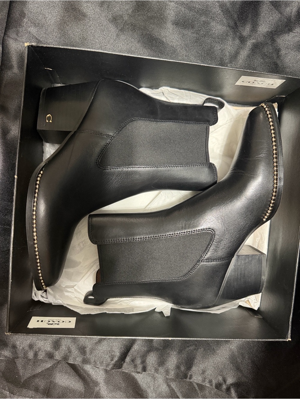 Coach Black Leather Chelsea Ankle Boots with Stud Trim